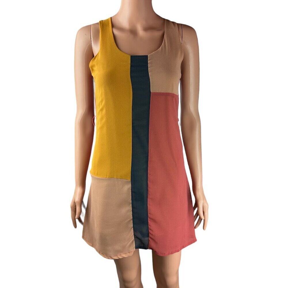 Beestango Mini Dress Sleeveless Size Small Tan Rose Mustard Green Zip In Back